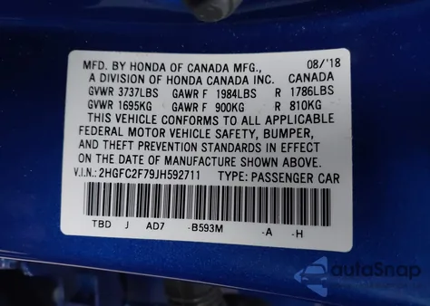 2018 Honda Civic Ex from USA, damaged, VIN 2HGFC2F79JH592711